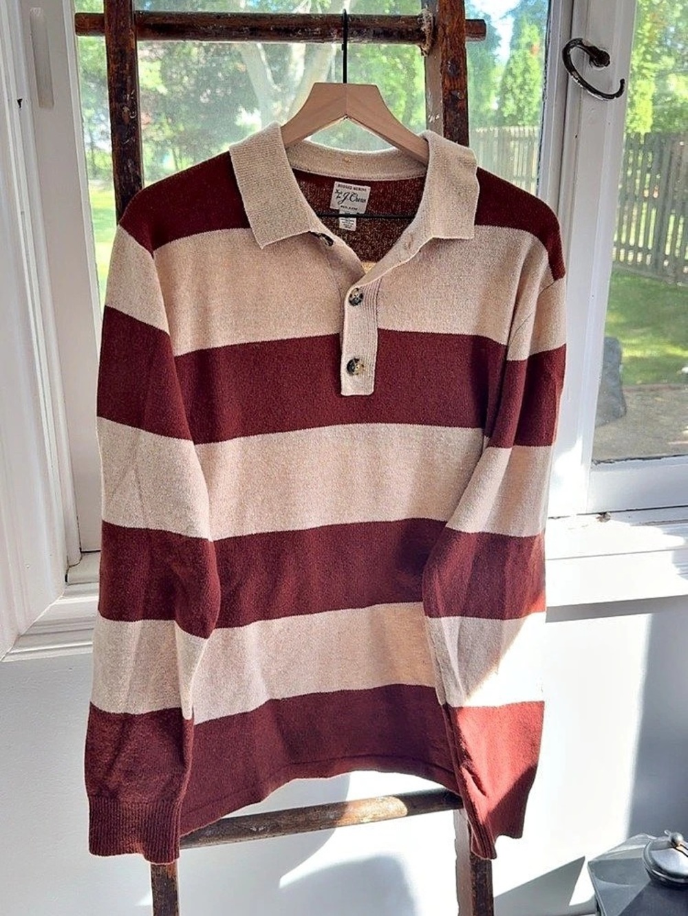 Rugged Merino Knit for J. Crew Striped Wool Blend Polo Sweater Size XL